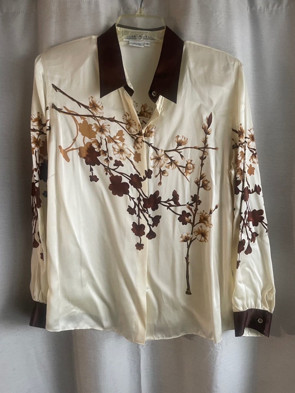 100% Silk Floral Button-Up Blouse in Cream and Brown